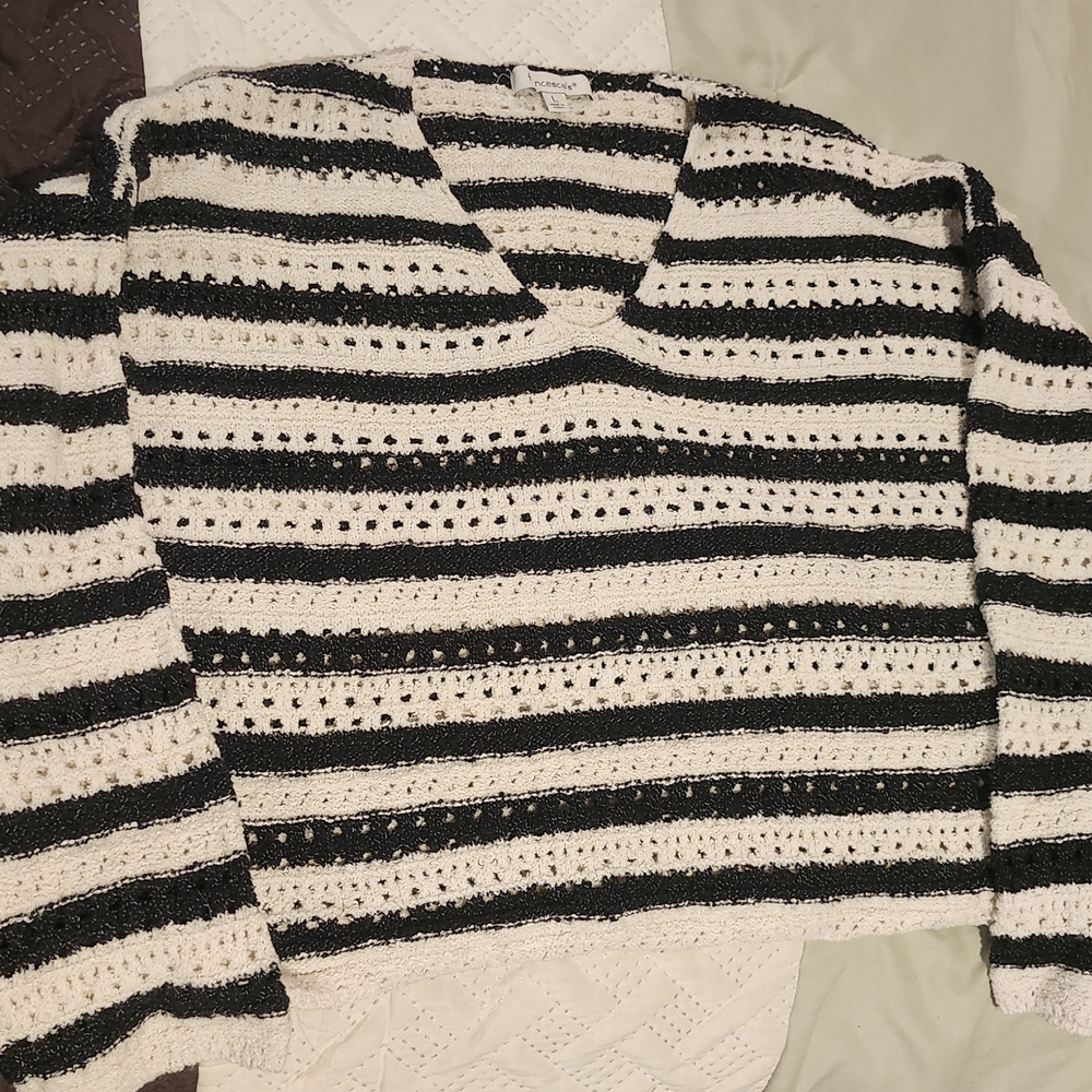 Francesca's Collections Black and Cream Striped V-Neck Sweater